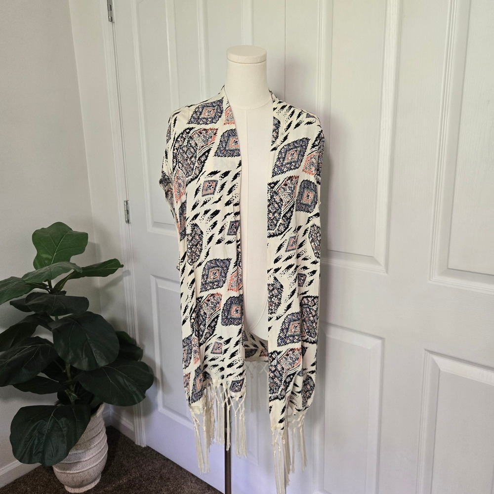 Vince Camuto Kimono Wrap Womens Small Cream Navy Ikat Geometric Fringe Boho